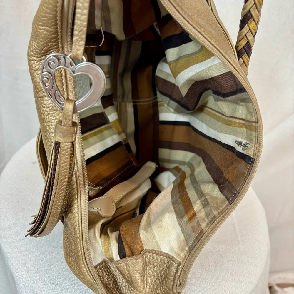 Brighton Gold Leather with Earthy Multicolor Braided Strap Hobo Handbag new $599
